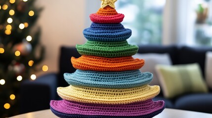 Poster - Colorful crochet tree with a star on top. The tree is made up of different colored hats, each one a different color. The tree is placed on a table in front of a Christmas tree