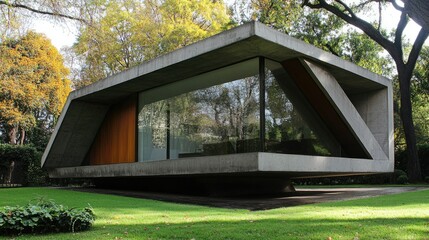 Poster - Modern Architecture Showcase of a Unique Concrete and Glass Structure Surrounded by Lush Greenery in an Urban Landscape