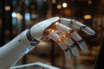 Poster - Robotic hand interacting with laptop in modern workspace technology concept futuristic environment