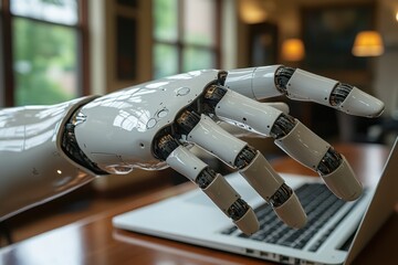 Poster - Robotic hand interacting with laptop in modern workspace technology concept close-up view for future automation