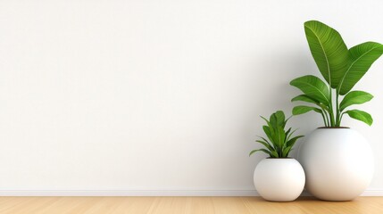 Poster - A white wall with two potted plants in white vases. The plants are green and the vases are round. The wall is bare and the plants are the only decoration