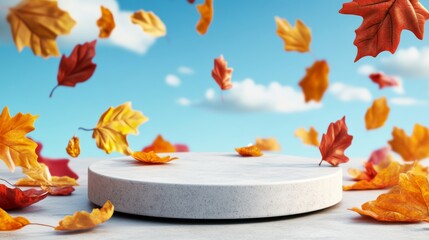 Poster - A white pedestal with a lot of leaves falling on it. The leaves are orange and yellow