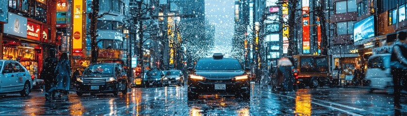 Poster - Self-driving car navigating busy city streets a futuristic journey through urban life in rainy conditions