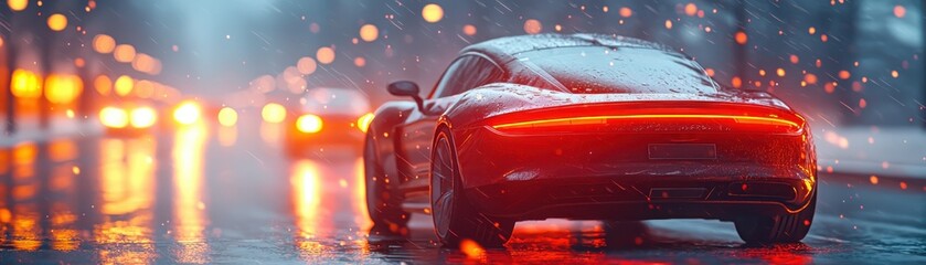 Poster - Self-driving car navigating busy city streets urban environment futuristic technology concept
