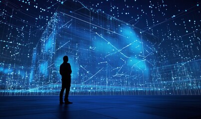 Poster - digital data visualization, person silhouette observing 3d holographic structure, blue glowing lines