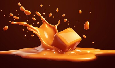 Poster - Splashing orange liquid with cube, vibrant orange liquid splashing around a cube, dynamic motion, glossy texture, rich color