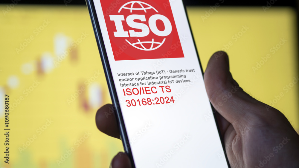 Engineer reading ISO IEC 30168 2024 guide lines for Internet of Things ...