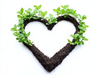 Wall Mural - Heart made of plants and dirt. The heart is surrounded by green leaves and stems. Concept of growth and life, as the plants and dirt come together to form a heart shape