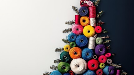 Poster - Christmas tree made of colorful yarn. The tree is made of many different colored yarns, and it looks like a real tree