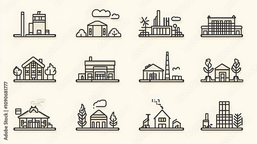 Collection of Line Art Building Icons Depicting Various Structures with ...