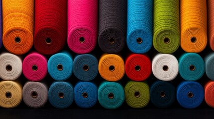 Poster - Row of colorful yarns are stacked on top of each other. The colors are bright and vibrant, creating a cheerful and lively atmosphere. The arrangement of the yarns suggests a sense of abundance