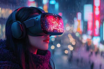Poster - Woman immersed in a vibrant virtual reality world futuristic city digital art nighttime setting engaging concept