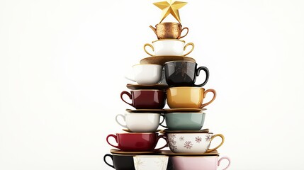 Poster - Stack of cups with a star on top, representing a Christmas tree. The cups are of different colors and sizes, creating a visually appealing and festive display