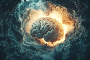 Poster - Exploring the depths of consciousness a surreal brain amidst turbulent waters digital art abstract environment a unique perspective