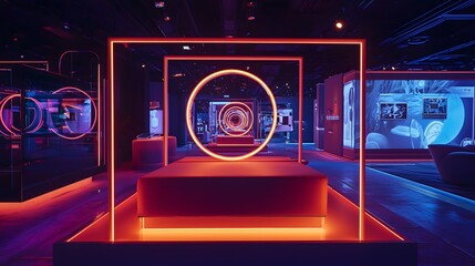 Poster - Illuminated art installation modern exhibition space digital media display futuristic environment wide-angle view visual exploration