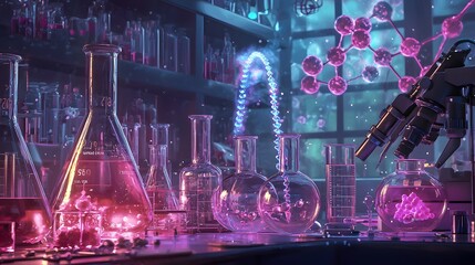 Poster - Innovative experiment in chemistry lab science facility digital art high-tech environment close-up view molecular research