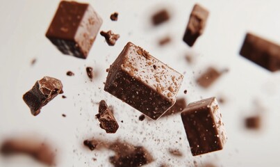 Poster - Chocolate blocks floating in air, dynamic motion, scattered crumbs, rich texture, sweet indulgence