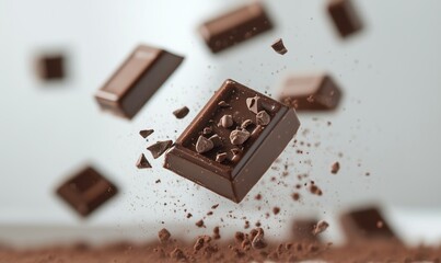 Poster - Chocolate bars floating in air, chocolate pieces scattered, cocoa powder, dynamic composition