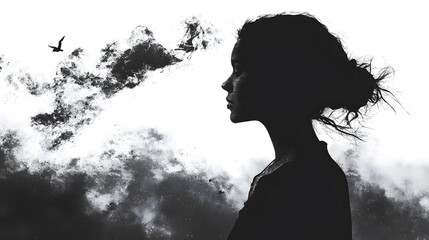 Poster - Reflective contemplation natural landscape silhouette portrait ethereal atmosphere side view inner peace