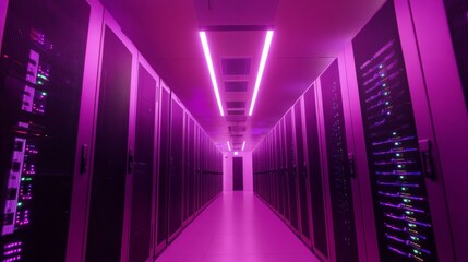 Poster - A long hallway with pink lights and a neon sign