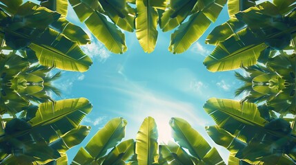 Poster - The blue sky is reflected in the banana leaves, a symmetrical composition with a symmetrical frame, a close-up view showcasing the symmetric symmetry of the green banana leaf background.