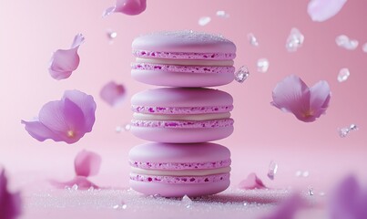 Poster - Pink macarons stacked elegantly, surrounded by petals and crystals. Delicate dessert with smooth texture, vibrant color, and sparkling details.