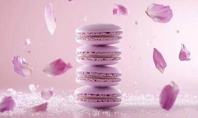 Poster - Lavender macarons stacked, surrounded by petals, sugar, soft pink background