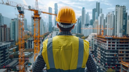 Fototapete - A construction worker in a yellow hard hat and reflective safety vest stands overlooking a bustling construction site. The worker gazes out at the cranes and building structures.