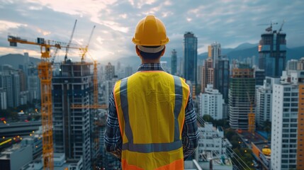 Fototapete - A construction worker in a yellow hard hat and reflective safety vest stands overlooking a bustling construction site. The worker gazes out at the cranes and building structures.