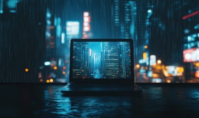 Poster - laptop displaying city skyline, rain-soaked window, urban night scene, vibrant lights, reflections