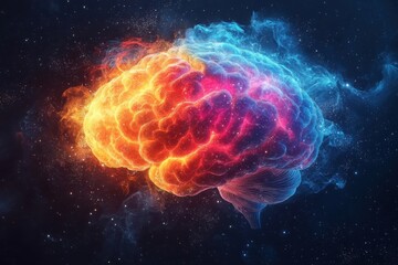Poster - Exploring the vibrant and colorful illustration of a brain in a cosmic environment for creative insight