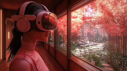 Poster - Immersive virtual reality experience tranquil garden interactive journey digital realm user perspective nature escape