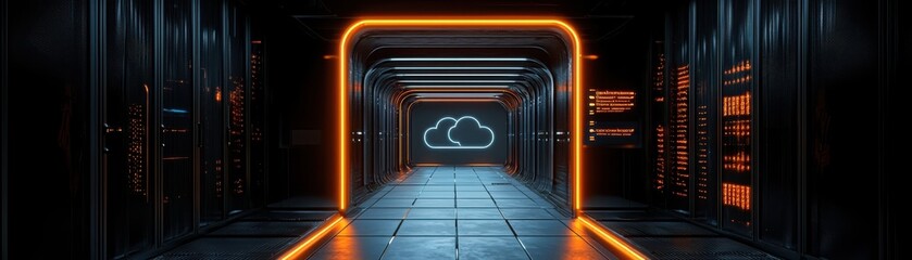 Poster - Immersive virtual reality adventure cloud computing hub interactive experience futuristic space user perspective digital innovation