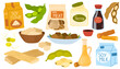 © PawLoveArt - Soy products set. Soya protein food. Tofu, beans, alternative milk, vegetarian meat. Vegan cheese, soybeans, sprouts, asparagus. Flat graphic vector illustrations isolated on white background