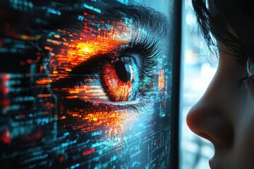Poster - Captivating digital eye urban environment futuristic image intimate close-up visual impact of technology