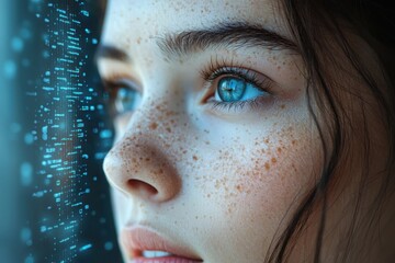 Poster - Captivating portrait of a young woman gazing outward urban setting digital art intimate environment close-up view eye-catching concept