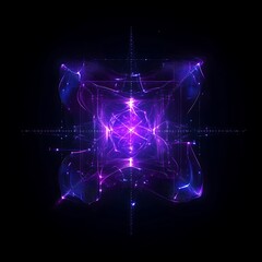 Poster - abstract energetic visual with vibrant purple and blue lights in a geometric shape on a black backgr