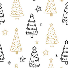 Wall Mural - christmas tree line art pattern. abstract linear new year seamless pattern. abstract doodle drawing 