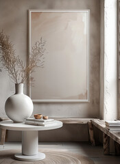 Aufkleber - A large white picture frame hanging on an empty wall. In front is a round table with books and a vase on it, in a minimalistic interior design style.