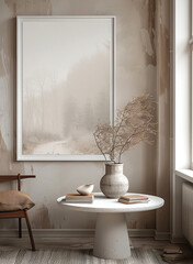 Aufkleber - A large white picture frame hanging on an empty wall. In front is a round table with books and a vase on it, in a minimalistic interior design style.
