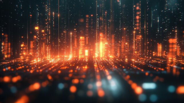 Abstract Digital Cityscape Glowing Orange Data Streams and Network