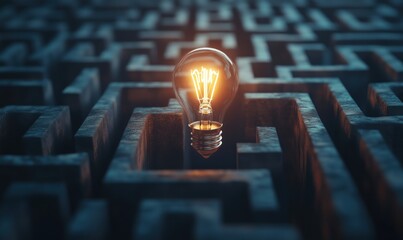 Poster - light bulb in maze symbolizing ideas and solutions. bright glowing bulb stands out amidst dark, intr