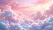 © Artfinity - A whimsica pastel rainbow unicorn background shines with sparkling stars against a soft, pink fantasy sky. Fairy iridescent gradient backdrop. unicorn resting on a fluffy cloud with a vibrant rainbow.