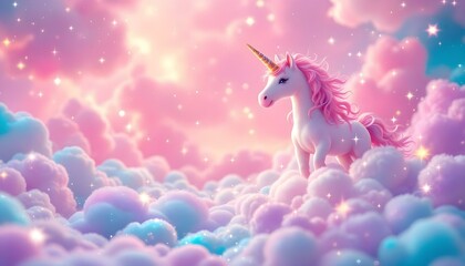 Wall Mural - a whimsica pastel rainbow unicorn background shines with sparkling stars against a soft, pink fantas