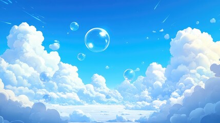 Poster - Blue sky with fluffy clouds curved bubble shapes creating a sense of comfort in a serene landscape illustration