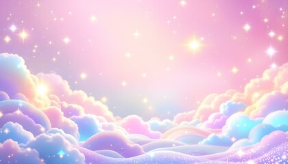 Wall Mural - whimsical pastel rainbow unicorn background shines with sparkling stars against a soft, pink fantasy