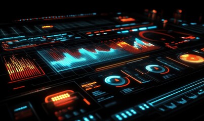 Poster - futuristic data visualization interface with glowing elements, graphs, and controls. high-tech desig