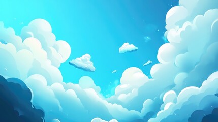 Poster - Flat style illustration of a sky with clouds Blue toned cloudy background featuring a 2D cartoon representation Abstract nature wallpaper design