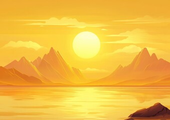 Poster - Golden sea and mountains in a 2D cartoon landscape illustration