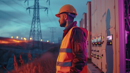 Aufkleber - A worker in a reflective vest and hard hat, standing in front of a large electrical transformer, symbolizing power restoration.